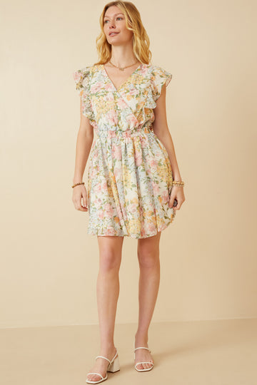 HY7131 Off White Womens Soft Floral Ruffle Detail Suprlice Dress Full Body